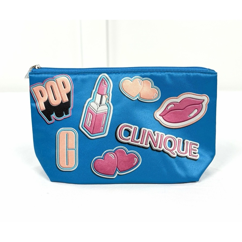 New Clinique Pop Art Cosmetic Bag Blue Zipper Makeup Pouch Travel Barbiecore - Picture 3 of 7